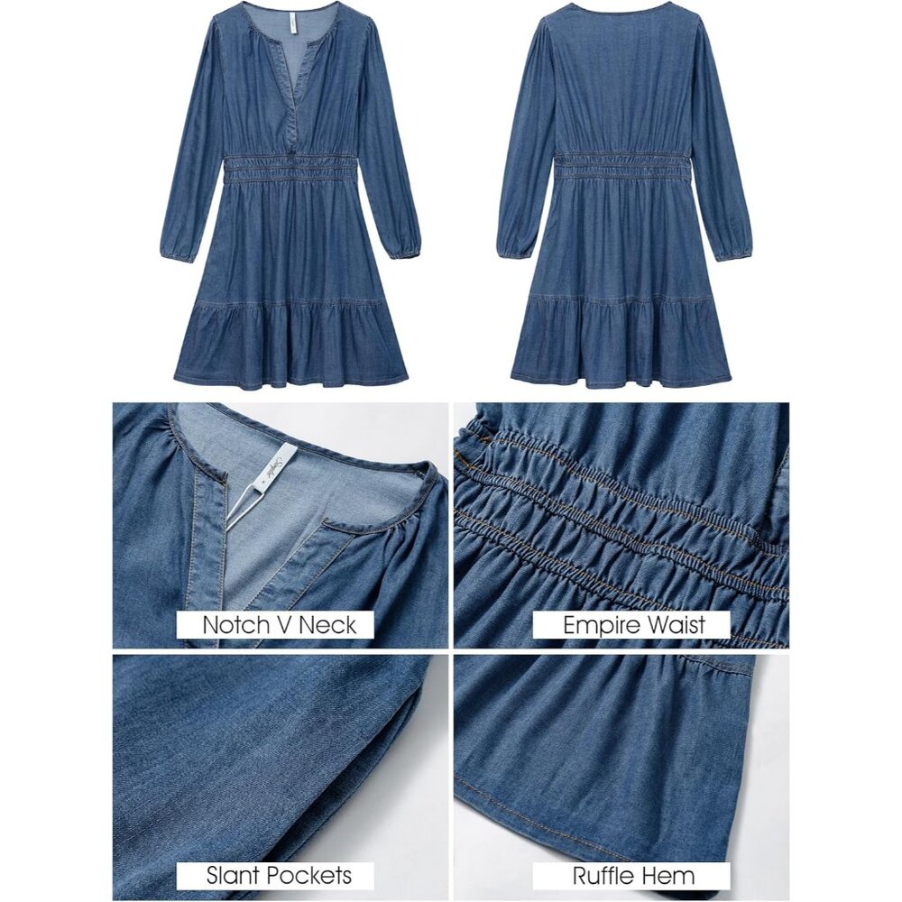 Women's Denim Dress Casual Long Sleeve V Neck Flowy A Line Pockets - Picture 5 of 8